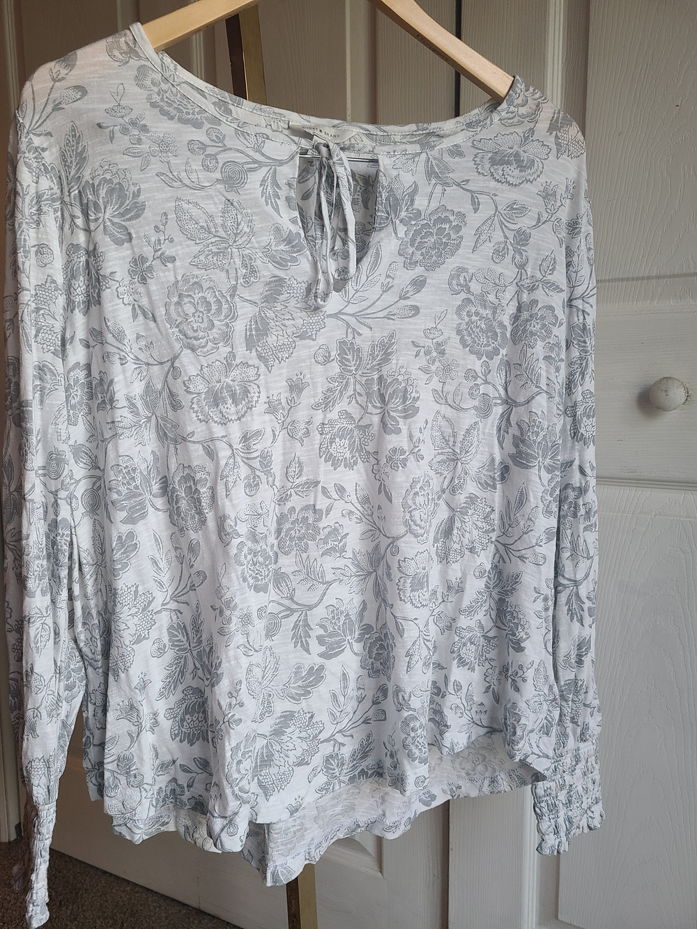 Lucky Brand White Floral Tie-Neck Long Sleeve Tunic